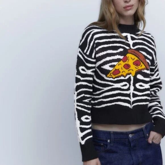 Zara Pizza Knit Sweater Black White Print Size Small - Picture 2 of 8